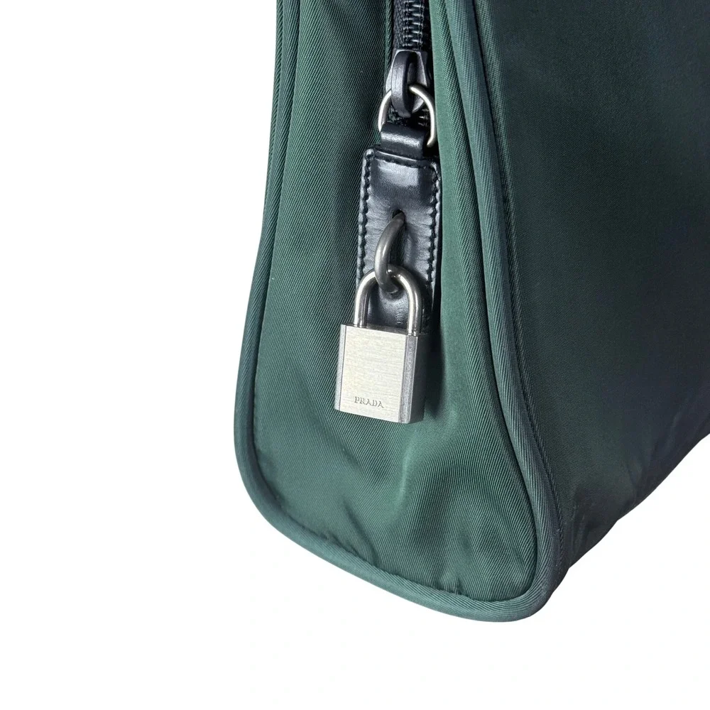 Prada Tessuto Nylon Tote Bag‎ Forest Green Silver Hardware Padlock Clochette